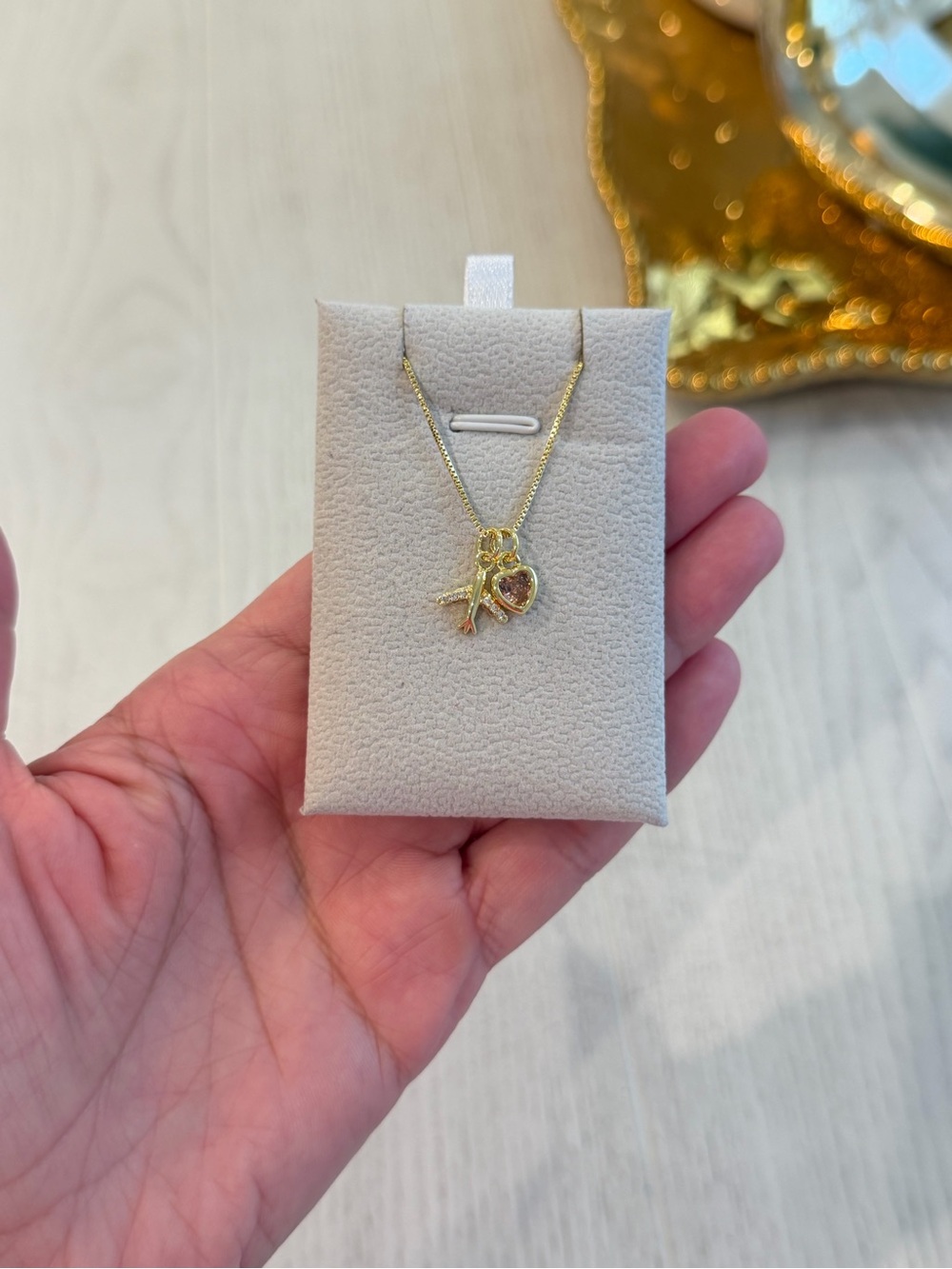 Gold Ribbon and Heart Pendant Necklace - Gold
